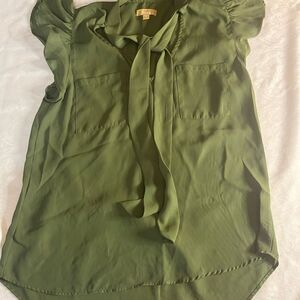 takara Olive Green Women's Blouse with Tie Neck size small